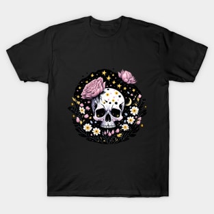 Skull and flowers starry night moon and daisies T-Shirt